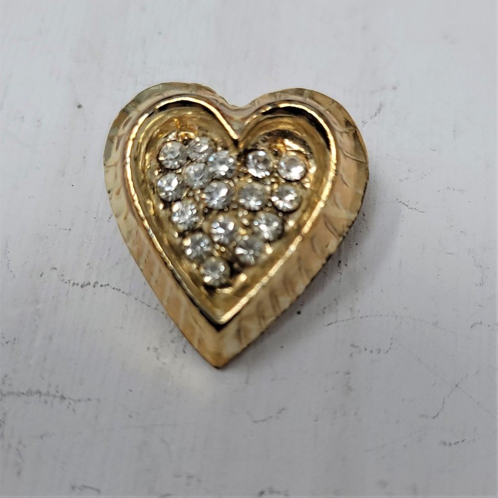 Small Vintage Heart Pin Brooch Rhinestone Center Gold tone